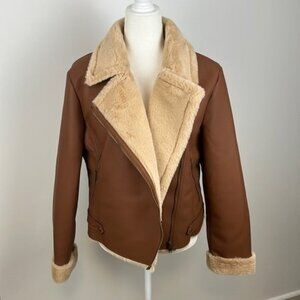 a.n.a. Brown Imitation Leather Coat with Faux Fur Size Large NWT